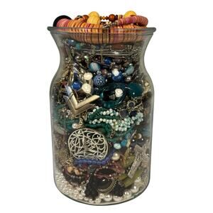 Large 6.8 lb 8" Loaded Jewelry Jar Mystery Boho Vintage Modern Metal Glass Beads